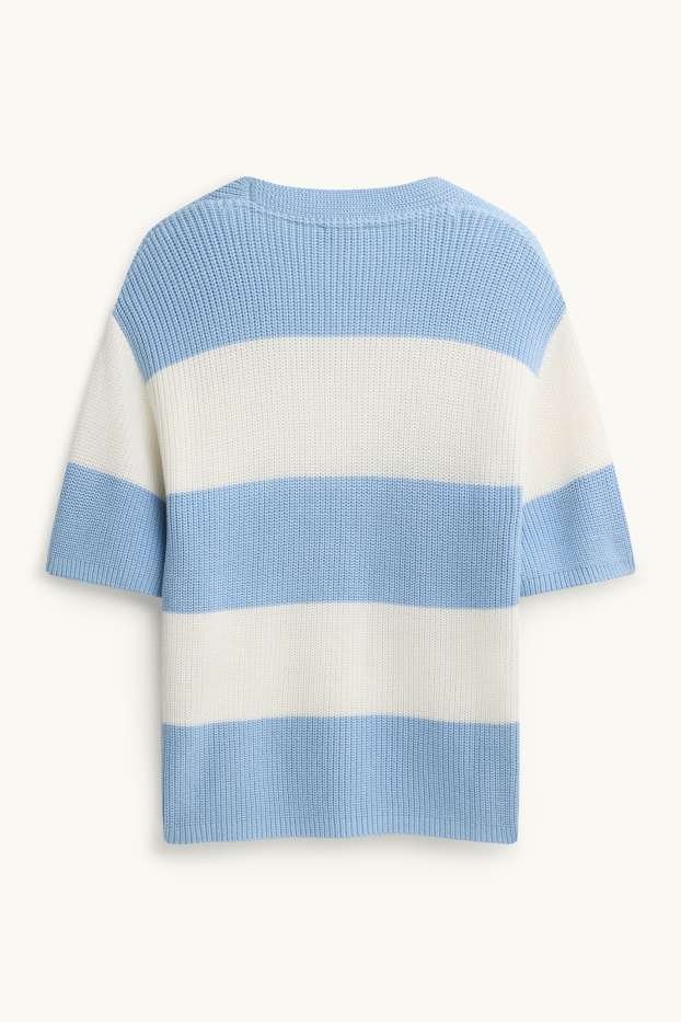Femmes - Pull en maille - manches courtes - finition côtelée - à rayures - bleu / blanc
