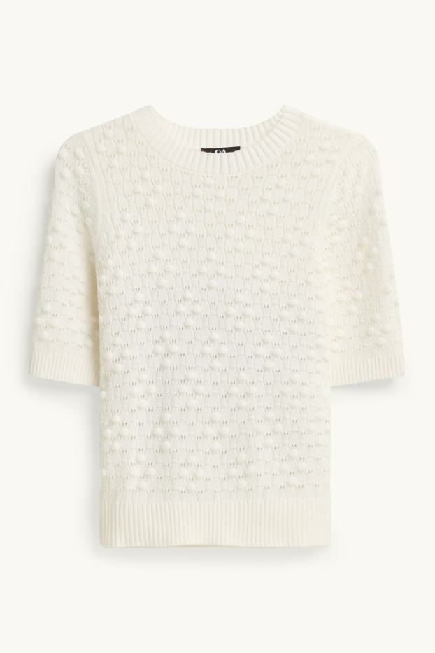 Women - Knitted jumper - short sleeve - textured - cremewhite