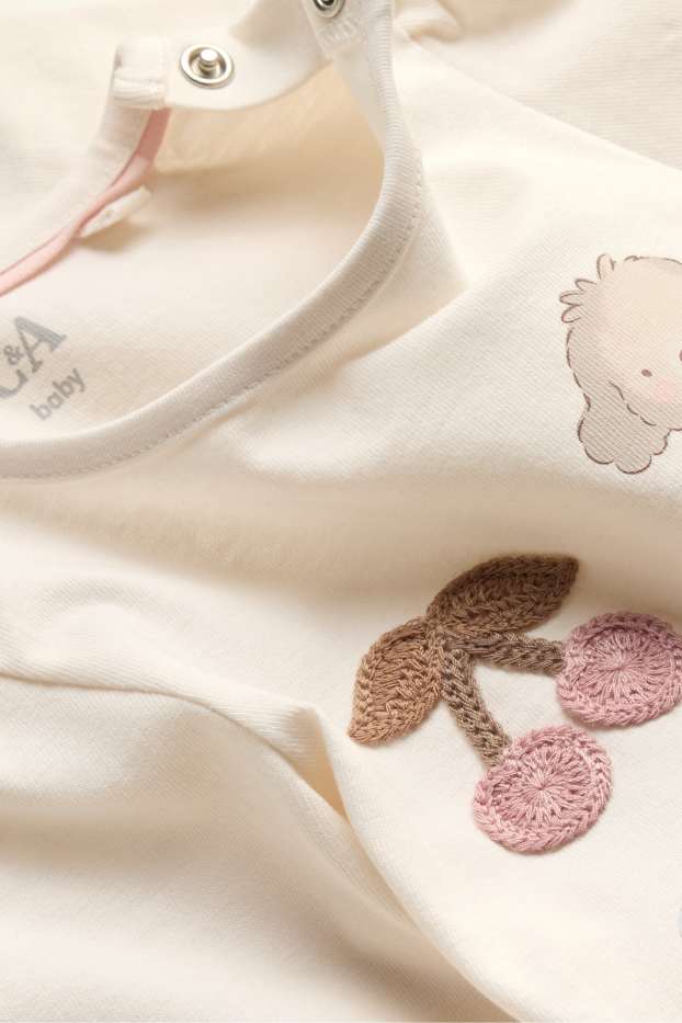 Bébés filles - Cerise, petit chien, petit nœud, petite fleur - haut à manches longues bébé - crème