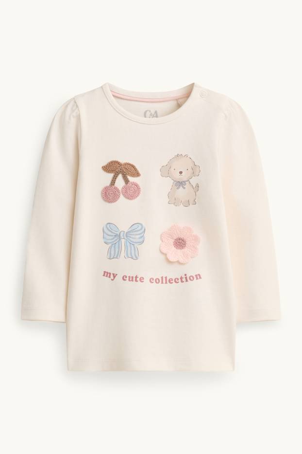 Bébés filles - Cerise, petit chien, petit nœud, petite fleur - haut à manches longues bébé - crème