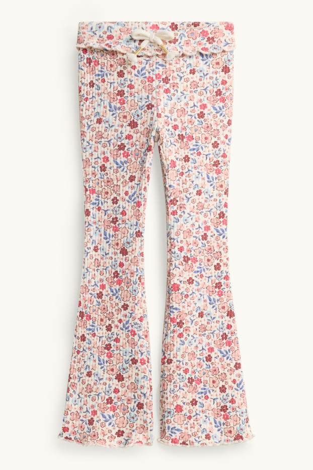Kinder Mädchen - Blume - Flared Leggings - gerippt - weiß / rosa