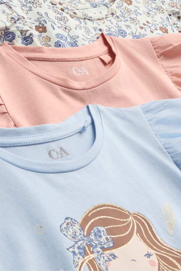 Enfants filles - Lot de 3 - fleurs et sirène - T-shirts - rose pâle / bleu clair