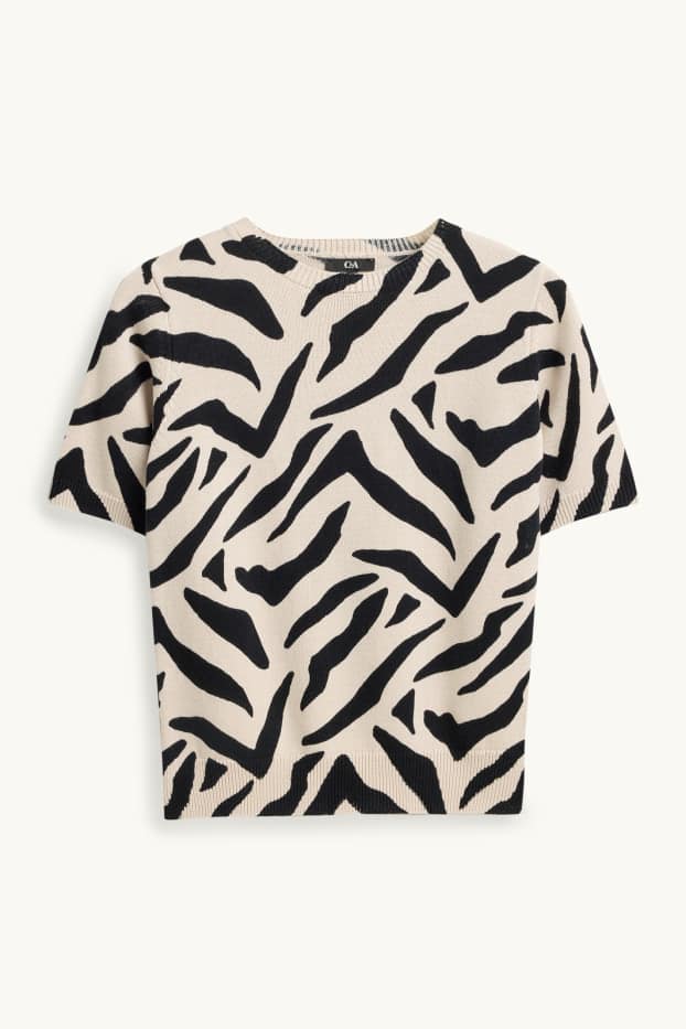 Damen - Strickpullover - kurzarm - gemustert - schwarz / beige