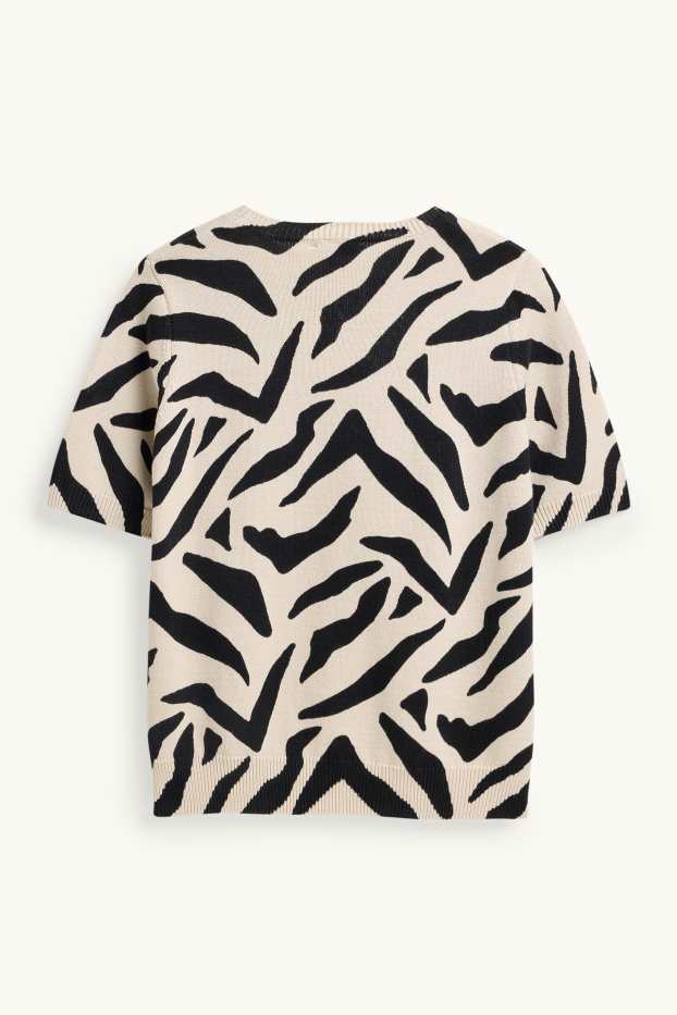 Damen - Strickpullover - kurzarm - gemustert - schwarz / beige