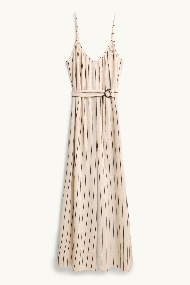 Damen - Jumpsuit mit Gürtel - Nadelstreifen - beige