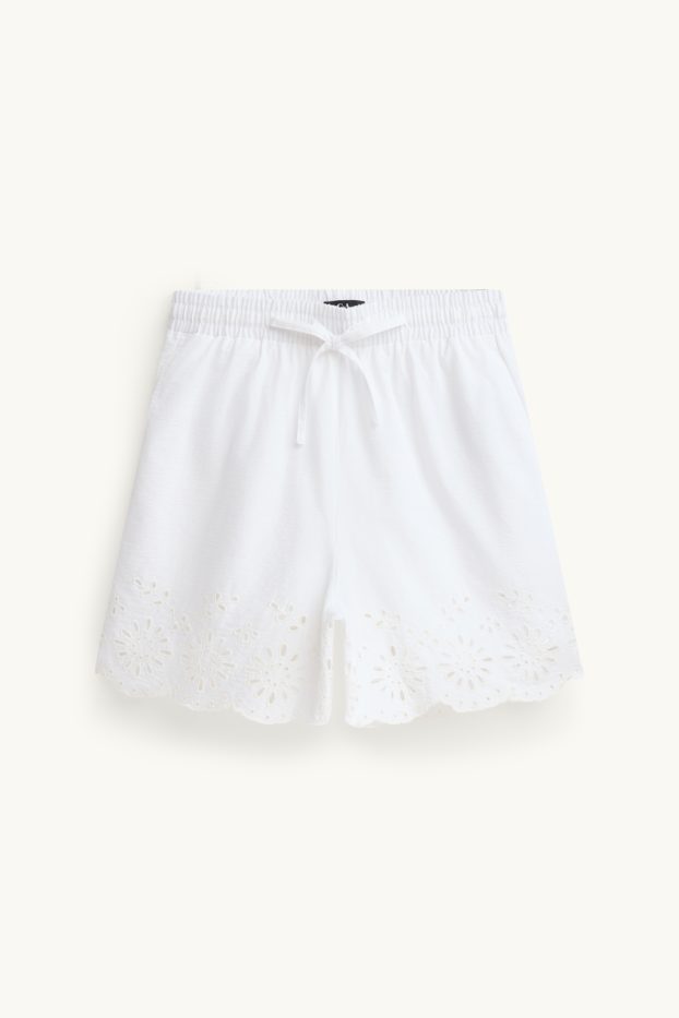 Damen - Shorts - High Waist - Broderie Anglaise - weiß