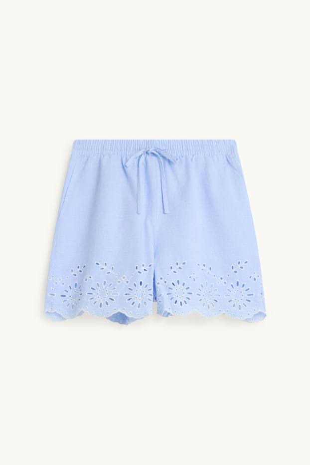 Dames - Short - high waist - Broderie Anglaise - lichtblauw