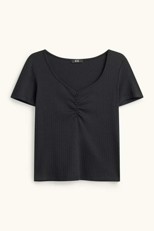 Femei - Tricou cu decolteu în V - reiat - negru