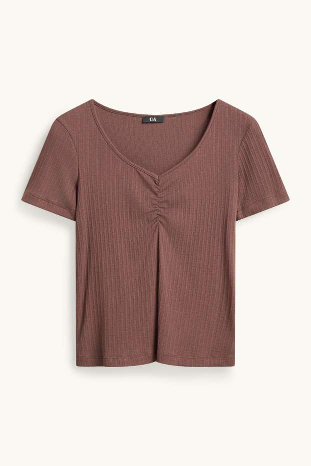 Damen - T-Shirt mit V-Ausschnitt - gerippt - braun