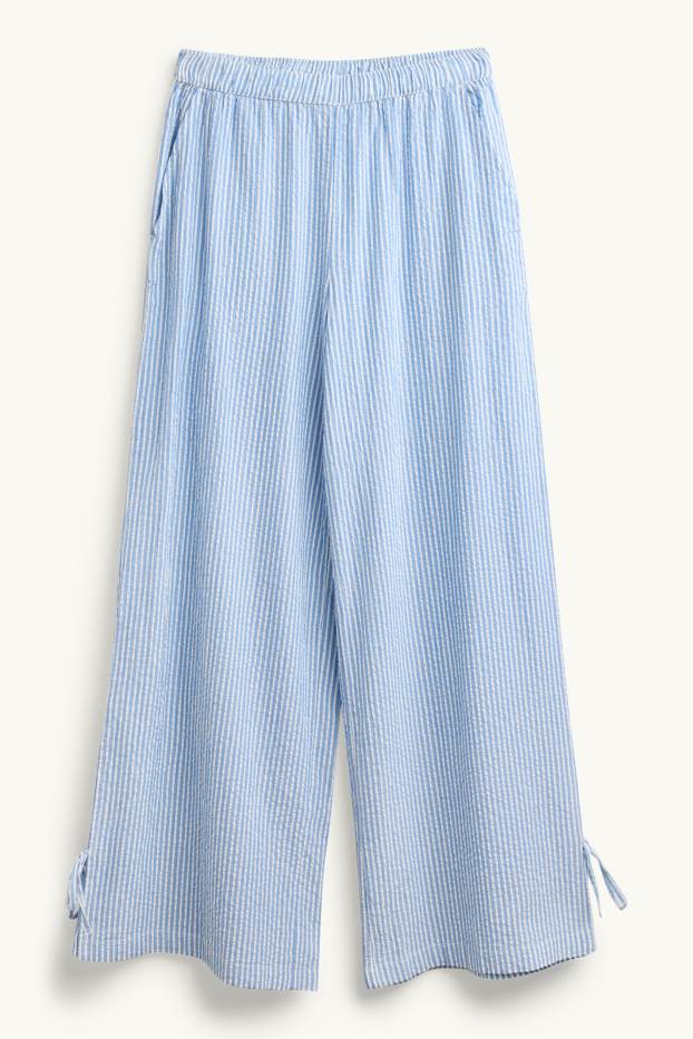 Dámské - Mušelínové plátěné kalhoty - mid waist - wide leg - pruhované - světle modrá