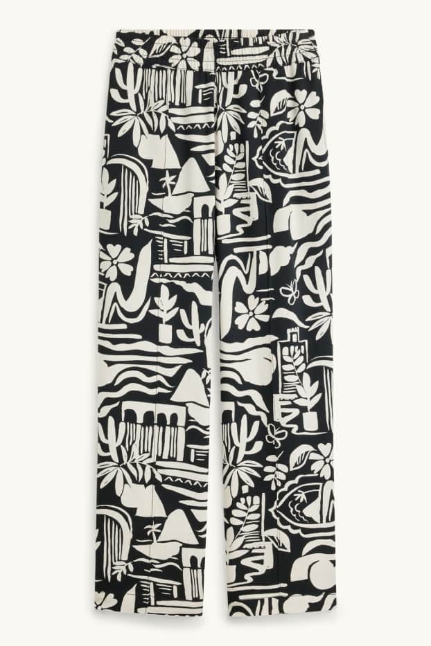 Damen - Stoffhose - Mid Waist - Wide Leg - gemustert - schwarz / weiß