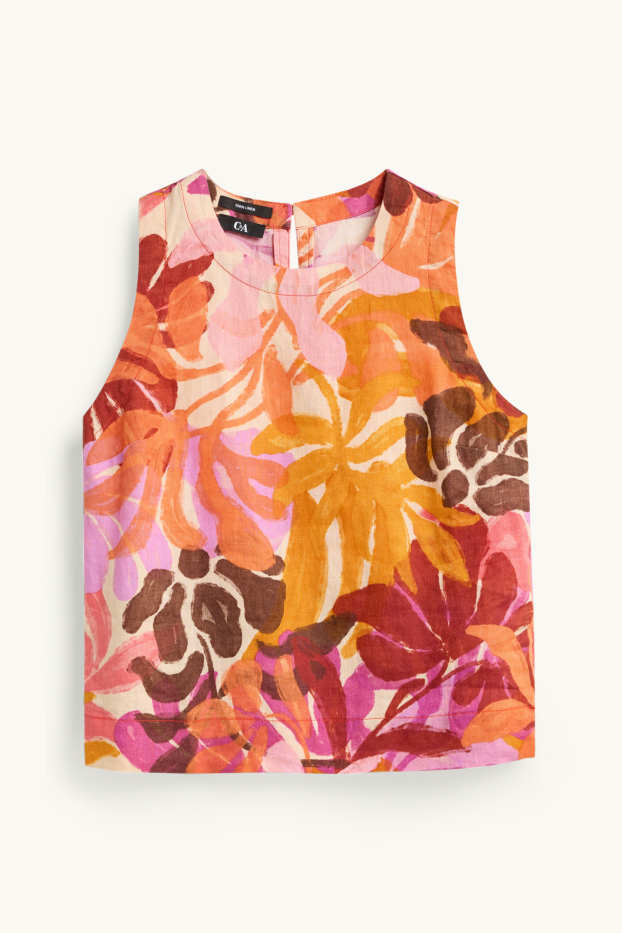 Dámské - Lněná halenka bez rukávů - s květinovým vzorem - růžová/oranžová