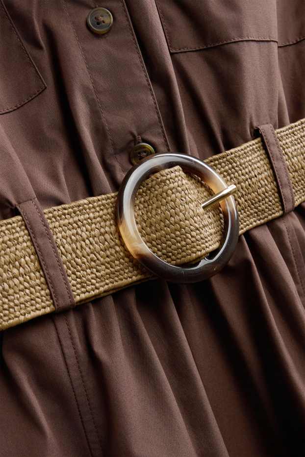 Damen - Kleid mit Gürtel und V-Ausschnitt - dunkelbraun