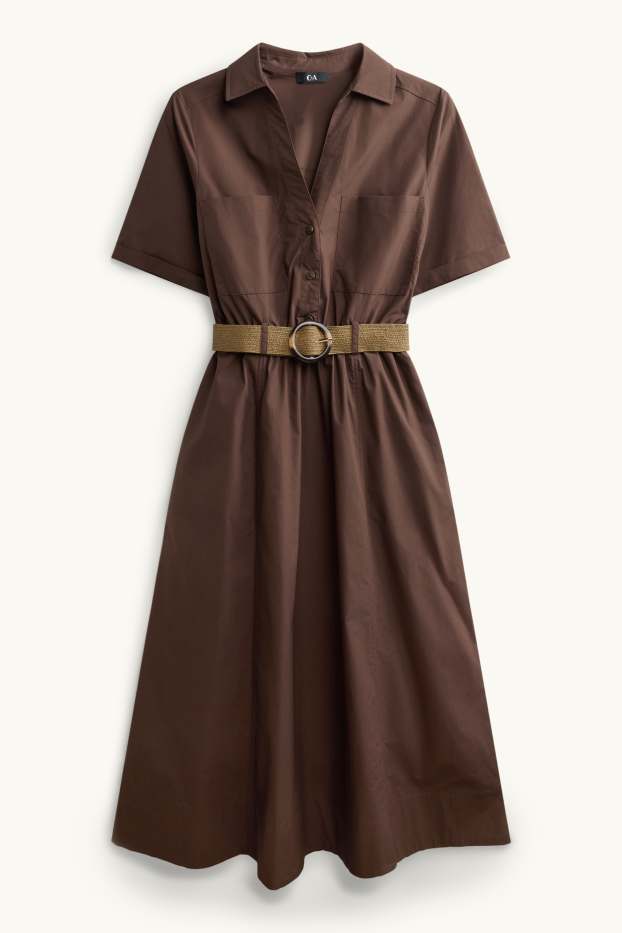 Damen - Kleid mit Gürtel und V-Ausschnitt - dunkelbraun