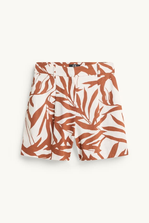 Dámské - Šortky - mid waist - lněná směs - se vzorem - hnědá / krémově bílá