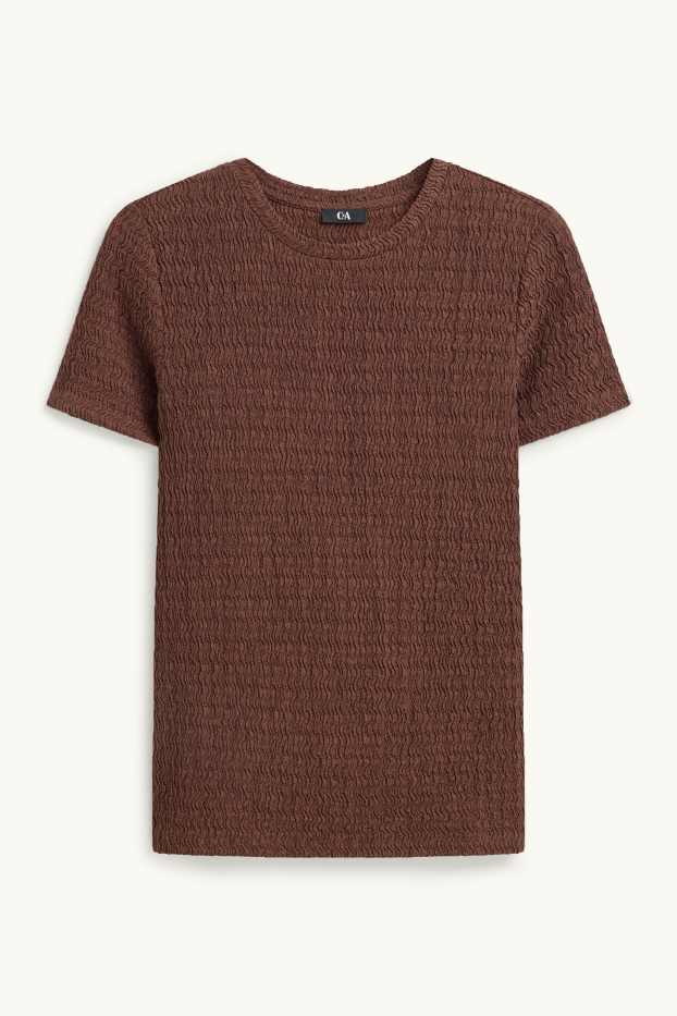 Dames - T-shirt - regular fit - met structuur - donkerbruin