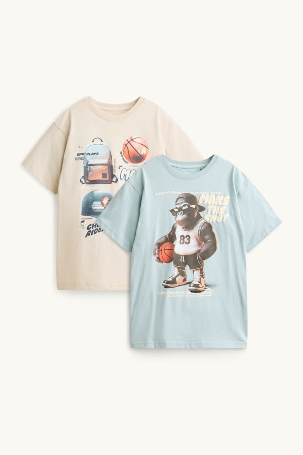 Kinder Buben - Multipack 2er - Basketball und Gorilla - Kurzarmshirt - beige