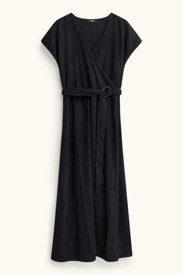 Dames - Fit & flare-jurk met ceintuur - gebloemd - met structuur - zwart