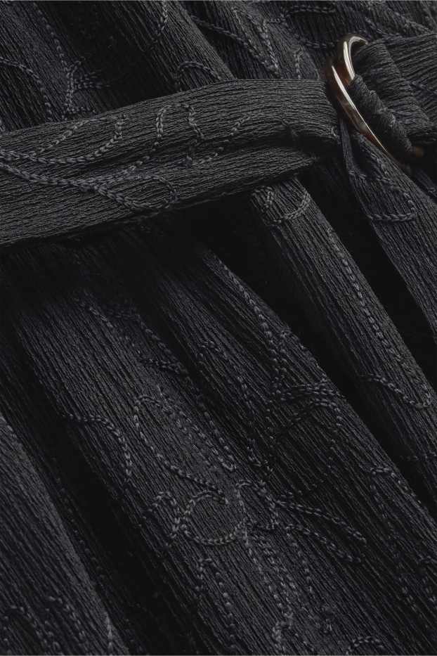 Dames - Fit & flare-jurk met ceintuur - gebloemd - met structuur - zwart