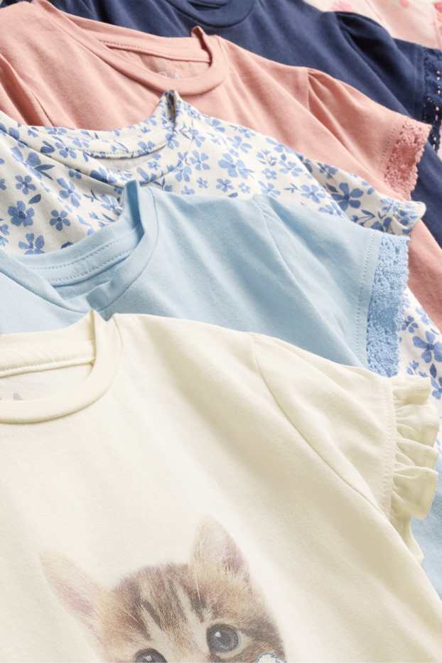 Kinder Mädchen - Multipack 6er - Blume und Katze - Kurzarmshirt - cremeweiß