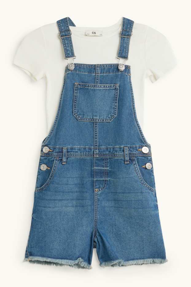 Kinder Mädchen - Set - Kurzarmshirt und Jeans-Latzhose - 2 teilig - blau