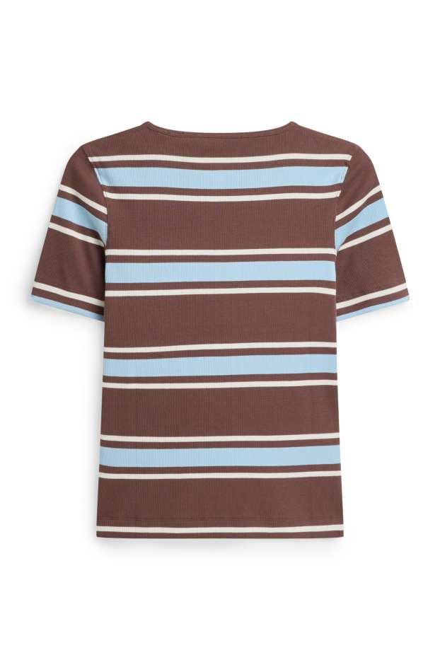 Dona - Samarreta de màniga curta - slim fit - acanalada - de ratlles - marró/blau