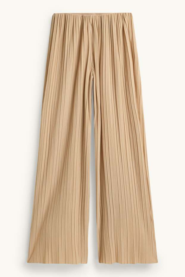 Dames - Pantalon - high waist - wide leg - geribd - lichtbruin