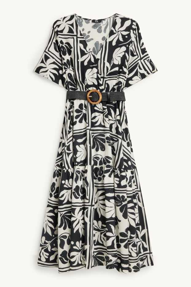 Damen - Fit & Flare Kleid mit Gürtel - geblümt - weiß / schwarz