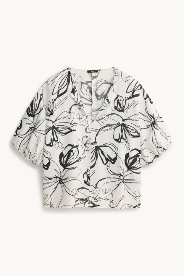 Dames - Blouse met V-hals - gebloemd - wit / zwart
