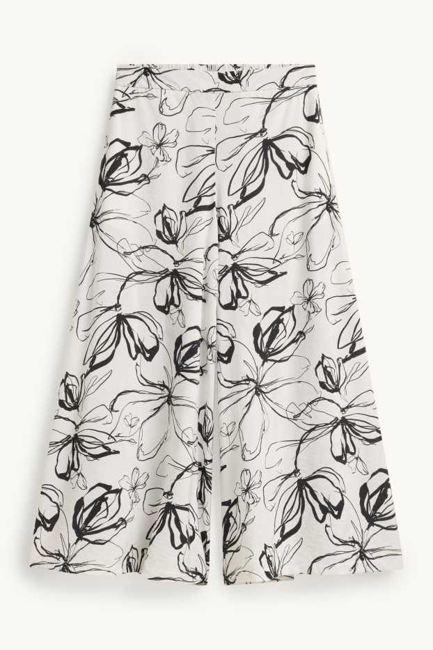 Dames - Kortere pantalon - high waist - palazzo - gebloemd - wit / zwart
