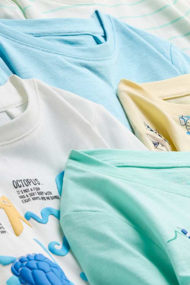 Kinder Buben - Multipack 5er - Meer - Kurzarmshirt - gestreift - weiß / türkis