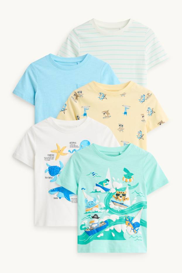 Kinder Buben - Multipack 5er - Meer - Kurzarmshirt - gestreift - weiß / türkis