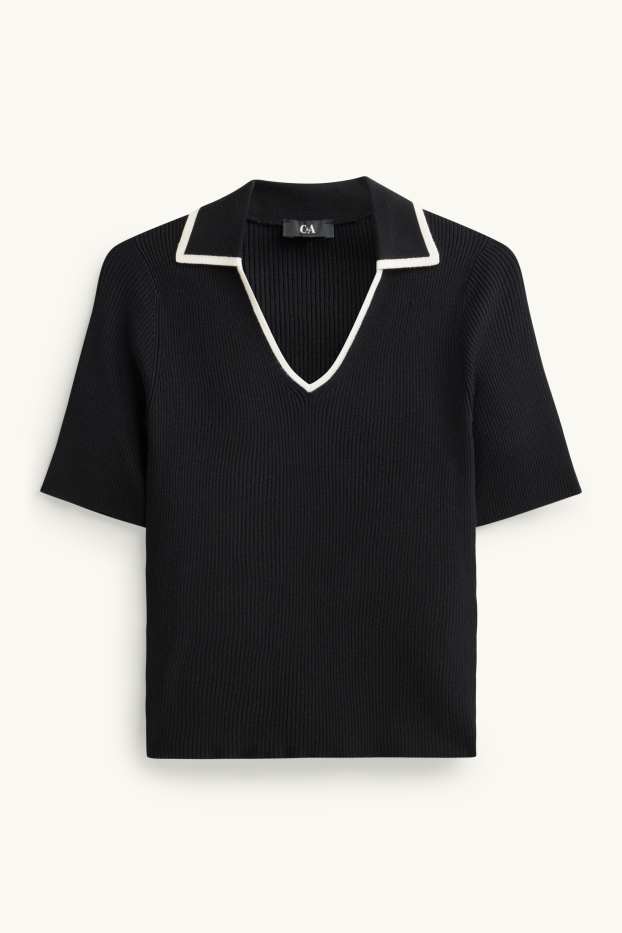 Dona - Jersei de punt de mitja - de màniga curta - acanalat - negre