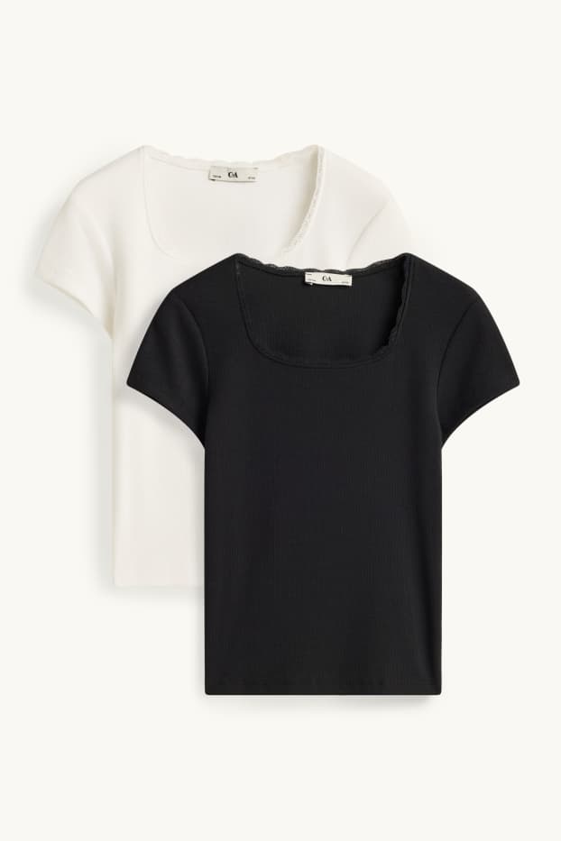 Enfants filles - Lot de 2 - T-shirt - finition côtelée - blanc