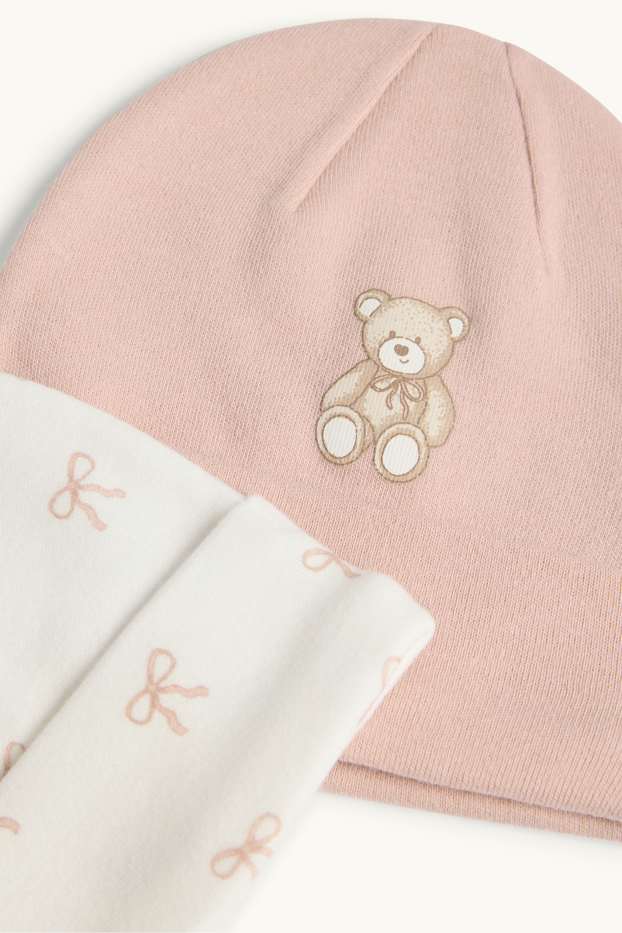 Baby: meisjes - Set van 2 - beertje en strik - babymuts - wit / roze