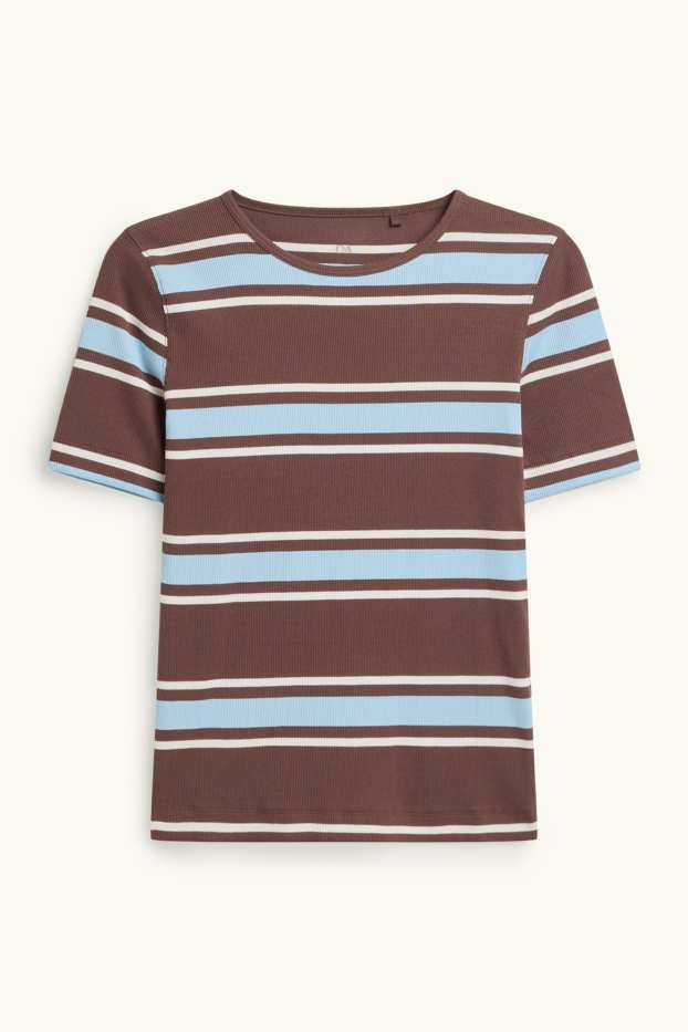 Dona - Samarreta de màniga curta - slim fit - acanalada - de ratlles - marró/blau