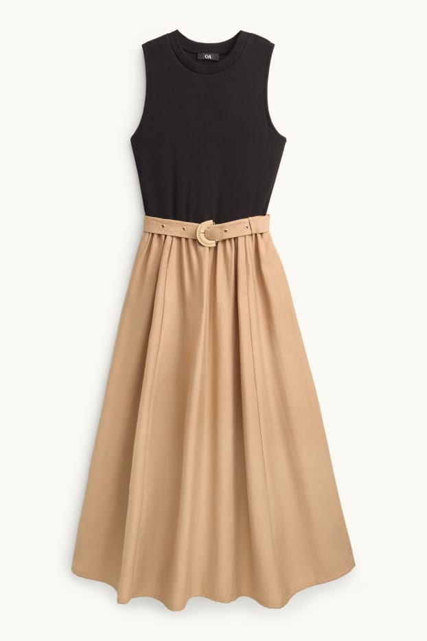 Dames - Fit & flare-jurk met ceintuur - zwart / beige