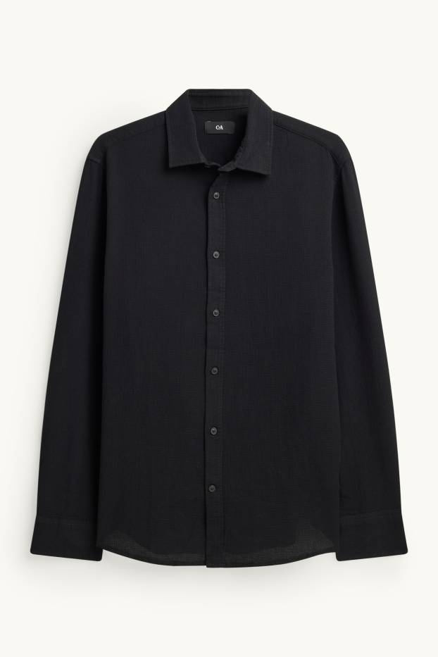 Uomo - Camicia - regular fit - collo all'italiana - tessuto tramato - nero