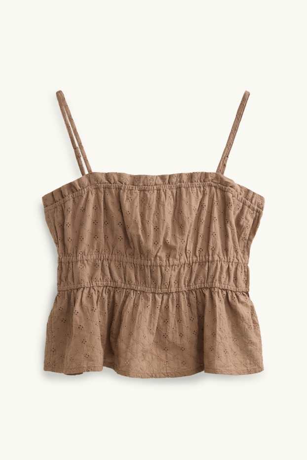 Damen - Blusentop - Broderie Anglaise - hellbraun