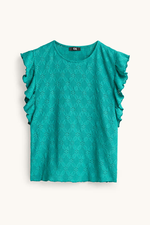 Damen - T-Shirt - Regular Fit - Broderie Anglaise - türkis