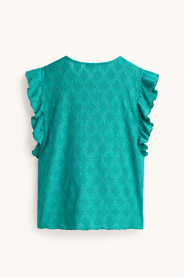 Damen - T-Shirt - Regular Fit - Broderie Anglaise - türkis