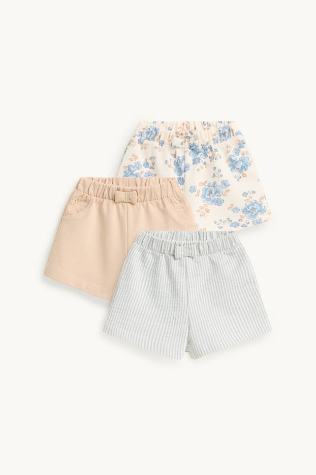 Neonate - Confezione da 3 - fiorellini - shorts per neonate - blu  / crema