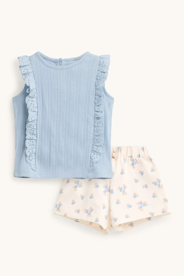 Bebeluși - fete - Floricele - compleu bebeluși - 2 piese - broderie englezească - albastru