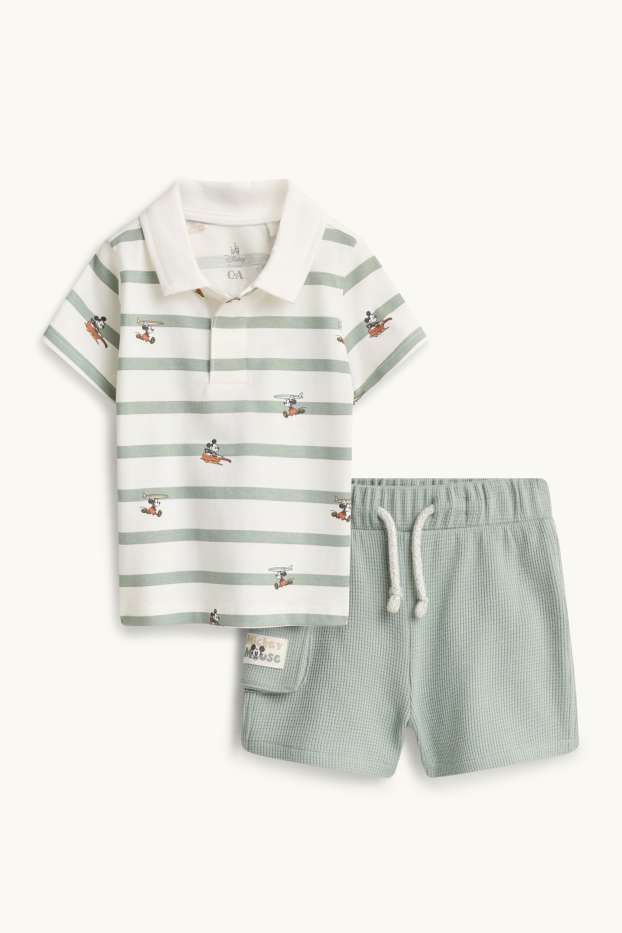 Baby: jongens - Mickey Mouse - babyoutfit - 2-delig - wit / groen