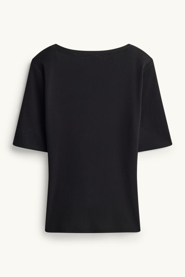 Dames - Henley-shirt - slim fit - geribd - zwart