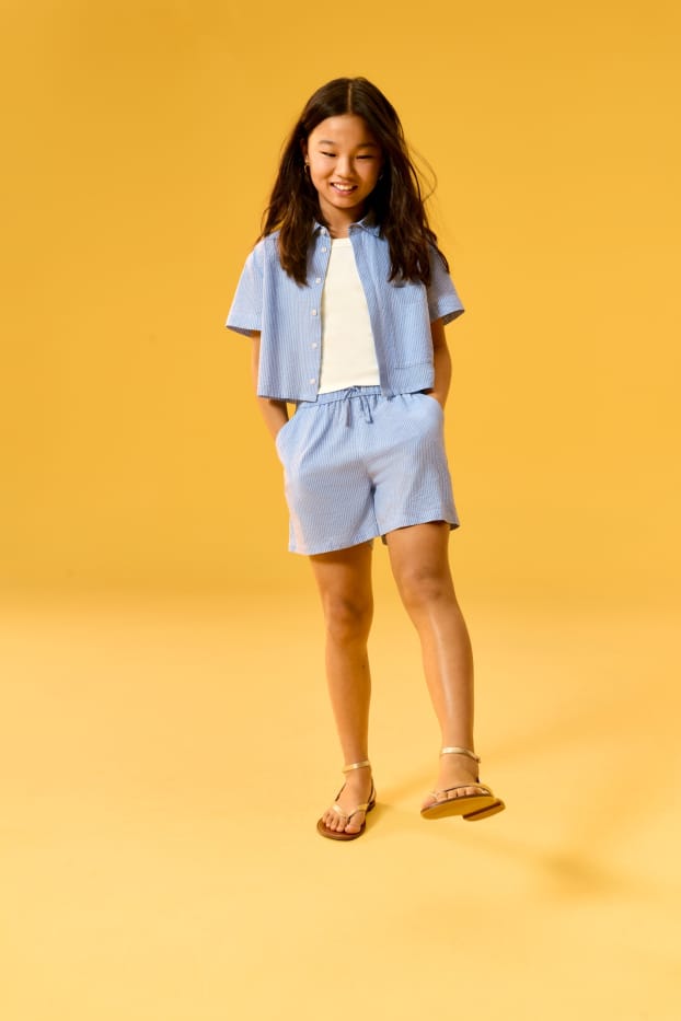 Enfants filles - Ensemble - chemisier et short - 2 pièces - à rayures - bleu / blanc