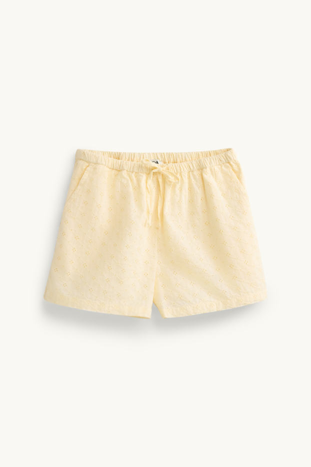 Dámské - Šortky - mid waist - anglická krajka - žlutá