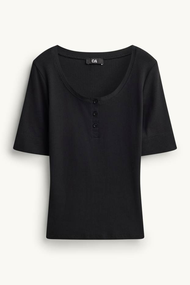 Dames - Henley-shirt - slim fit - geribd - zwart