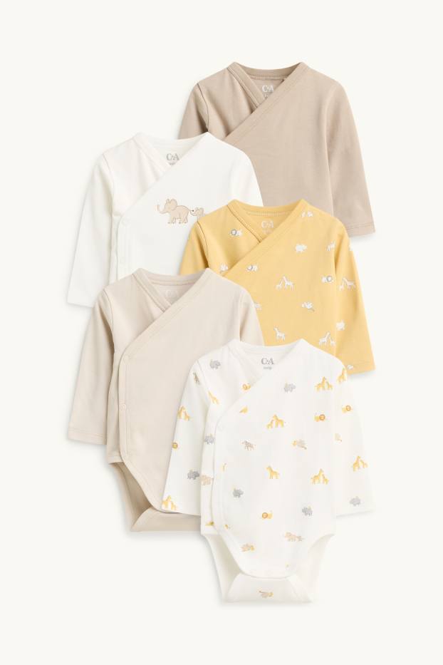 Unisex - Multipack of 5 - wild animals - wrapover baby bodysuit - creme