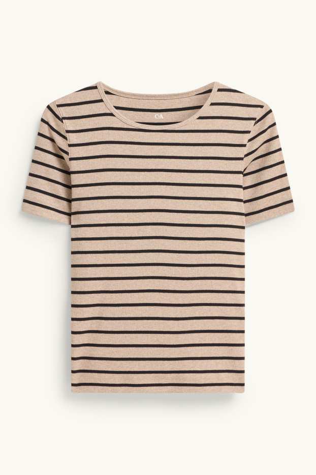 Damen - T-Shirt - Slim Fit - gerippt - gestreift - braun